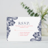 Elegante Navy & Coral Lace Wedding Response Kaarte RSVP Kaartje (Staand voorkant)
