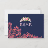 Elegante Navy & Coral Lace Wedding Response Kaarte RSVP Kaartje (Achterkant)
