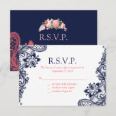 Elegante Navy & Coral Lace Wedding Response Kaarte RSVP Kaartje (Voorkant / Achterkant)