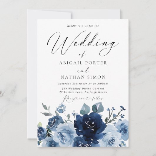 Elegante Navy & Dusty Blue Waterverf bruiloft Kaart (Voorkant)