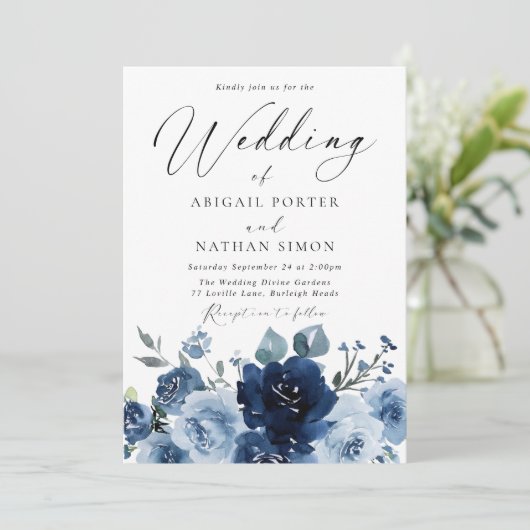 Elegante Navy & Dusty Blue Waterverf bruiloft Kaart (Staand voorkant)