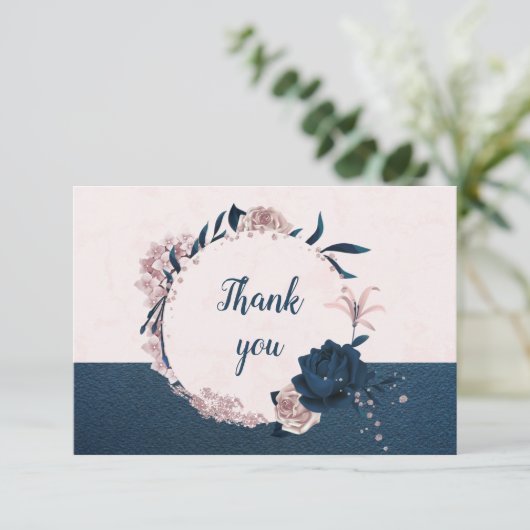 Elegante Navy & Dusty roos Bloemen Botanische kran Bedankkaart (Staand voorkant)