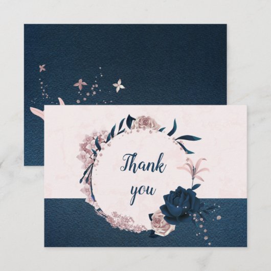 Elegante Navy & Dusty roos Bloemen Botanische kran Bedankkaart (Voorkant / Achterkant)