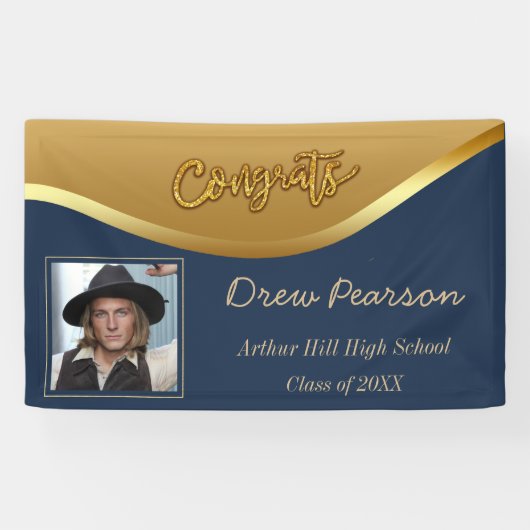 Elegante Navy en Blue Photo Afstuderen Banner (Horizontaal)