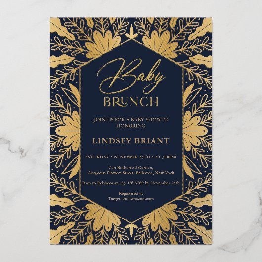 Elegante navy en echte gouden folie script baby br uitnodiging (Voorkant)