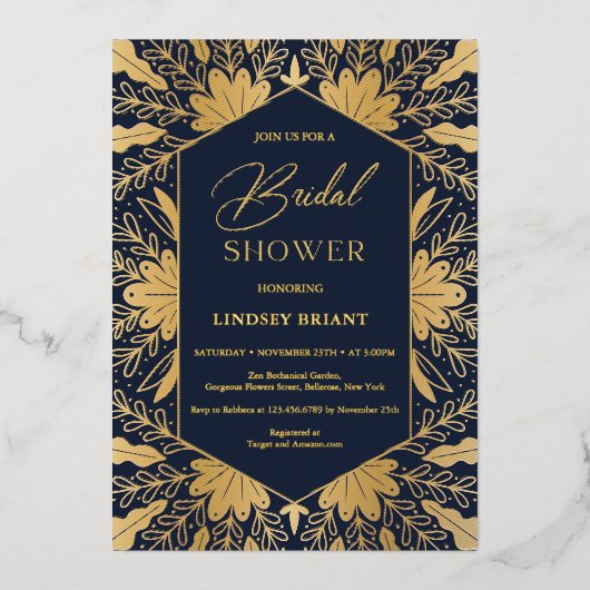 Elegante navy en echte gouden folie script lettert uitnodiging (Voorkant)