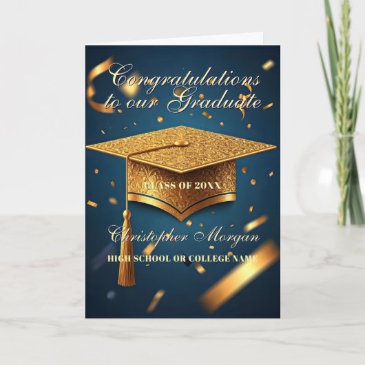 Elegante Navy en Gold Afstuderen Celebration Kaart (Voorkant)