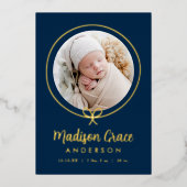 Elegante Navy en Gold Foil Bow Geboorteaankondigin Folie Uitnodiging (Voorkant)