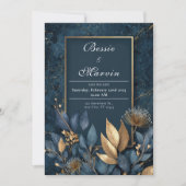 Elegante Navy en Gold Leaf bruiloft Kaart (Voorkant)