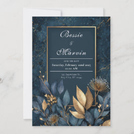 Elegante Navy en Gold Leaf bruiloft Kaart