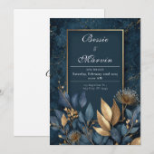 Elegante Navy en Gold Leaf bruiloft Kaart (Voorkant / Achterkant)