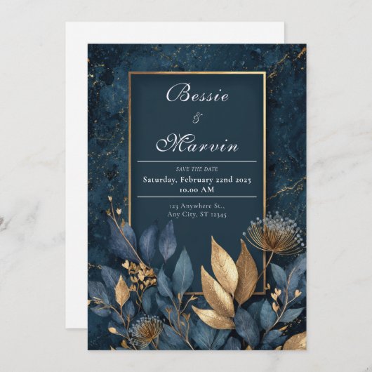 Elegante Navy en Gold Leaf bruiloft Kaart (Voorkant / Achterkant)