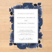 Elegante Navy en Gold Roos Clear Wedding Acryl Uitnodigingen (Voorkant)