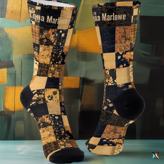 Elegante Navy en Goud Patchwork – Aangepaste Bloem Sokken