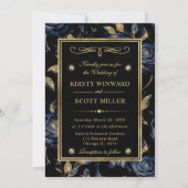 Elegante Navy en Goud Roos Bloemenpatroon Bruiloft Kaart (Voorkant)