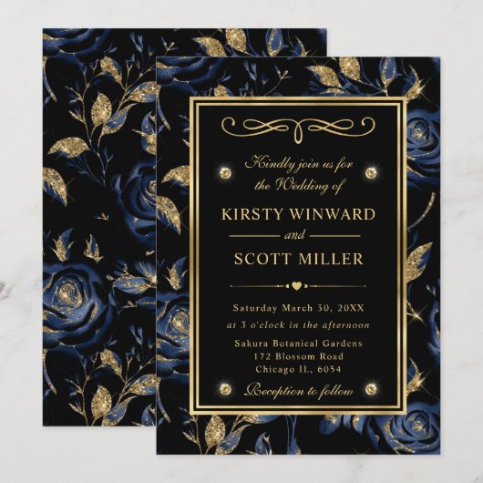 Elegante Navy en Goud Roos Bloemenpatroon Bruiloft Kaart (Voorkant / Achterkant)