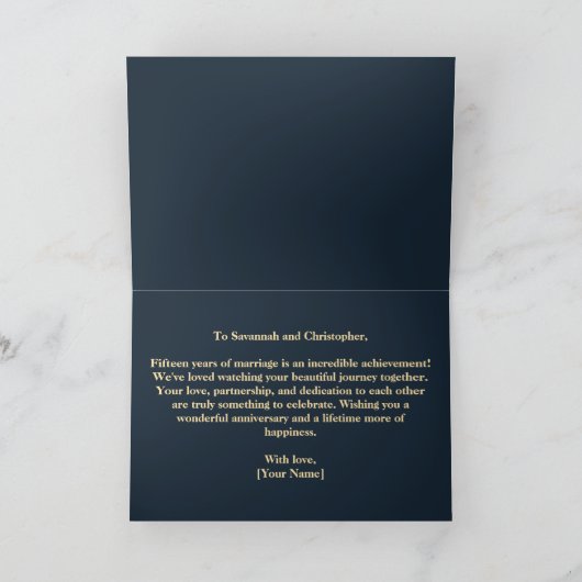 Elegante Navy en gouden 15e bruiloft Jubileum Kaart (Binnen)