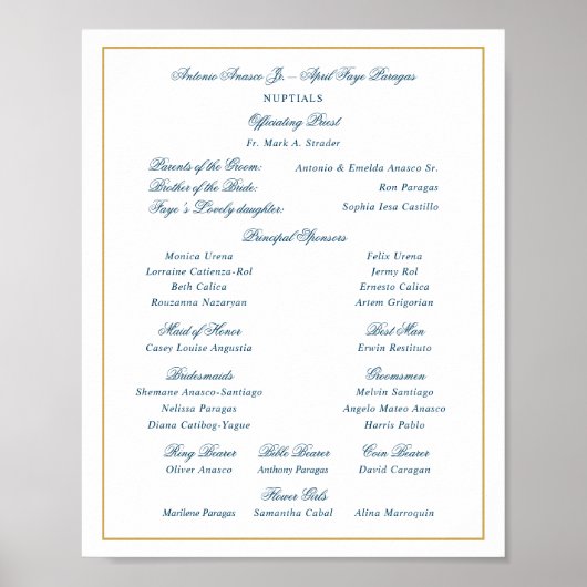 Elegante Navy- en Gouden Bruiloft Entourage Poster (Voorkant)