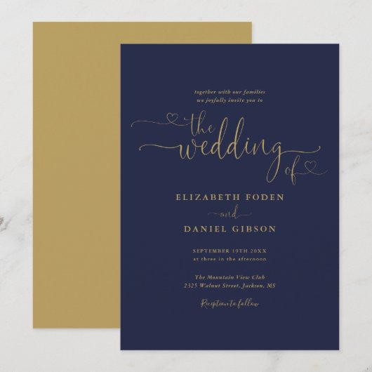 Elegante Navy En Gouden Hartjes Calligrafie Bruilo Kaart (Voorkant / Achterkant)