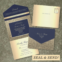 Elegante Navy- en Gouden Huwelijk All In One Uitnodiging