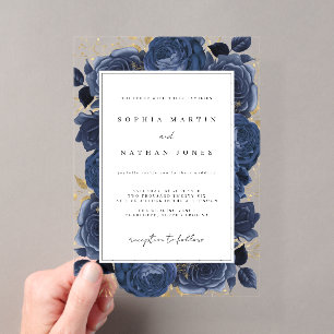 Elegante Navy En Gouden Roos Heldere Trouwdag Acryl Uitnodigingen