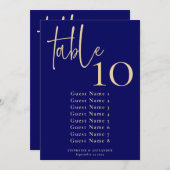 Elegante Navy en Gouden Tafelnummer & Zittingkaart (Voorkant / Achterkant)