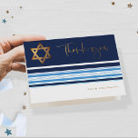 Elegante Navy en Gouden Tallit Bar Mitswa Gevouwen Bedankkaart<br><div class="desc">Show uw dankbaarheid in stijl met deze verfijnde Bar Mitswa gevouwen bedankkaart, met een tijdloos ontwerp geïnspireerd op de gewijde traditie van de tallit. Het elegante tallitmotief, gecombineerd met een prachtig vormgegeven Davidster, zet de toon voor een oprechte boodschap. De kaart is versierd met een faux gold folie "Thank You"...</div>