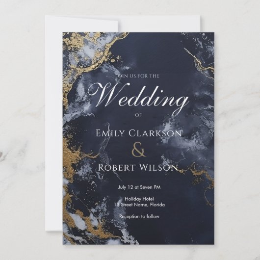Elegante Navy en Gouden Waterverf Trendy Bruiloft Kaart (Voorkant)