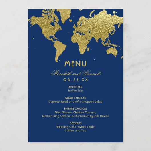 Elegante Navy en Gouden Wereldkaart Aangepaste Bru Menu (Voorkant)
