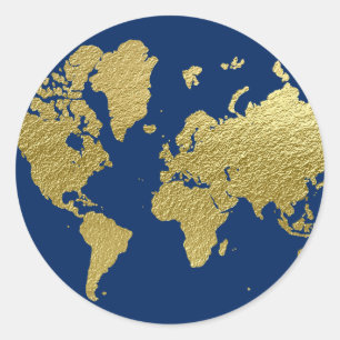 Elegante Navy- en Gouden Wereldkaart Trouwdag Ronde Sticker