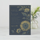 Elegante Navy en gouden zonnebloem bruiloft Kaart (Staand voorkant)