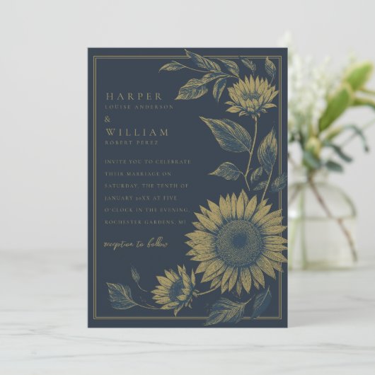 Elegante Navy en gouden zonnebloem bruiloft Kaart (Staand voorkant)