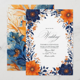 Elegante Navy- en Oranje Bloemige Waterverf Bruilo Kaart