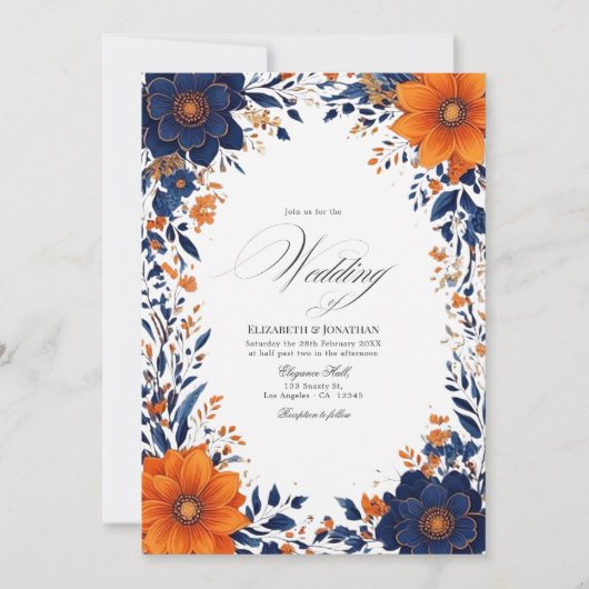 Elegante Navy en Oranje Floral Waterverf bruiloft Kaart (Voorkant)