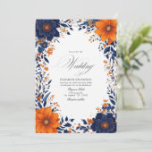 Elegante Navy en Oranje Floral Waterverf bruiloft Kaart (Staand voorkant)