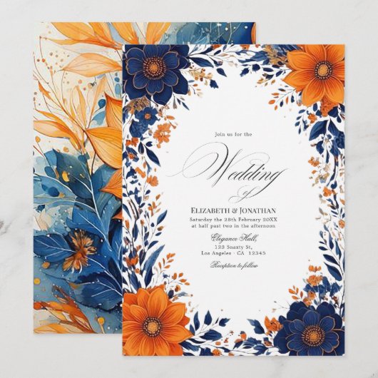 Elegante Navy en Oranje Floral Waterverf bruiloft Kaart (Voorkant / Achterkant)