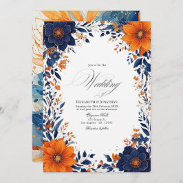 Elegante Navy en Oranje Floral Waterverf bruiloft Kaart