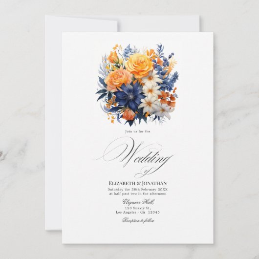 Elegante Navy en Oranje Waterverf Floral Design Kaart (Voorkant)