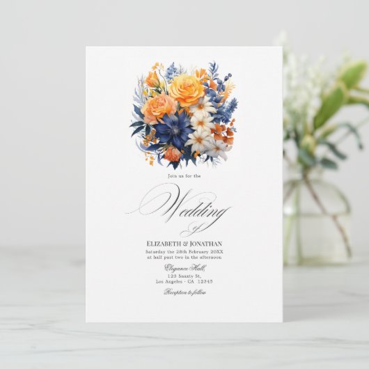 Elegante Navy en Oranje Waterverf Floral Design Kaart (Staand voorkant)