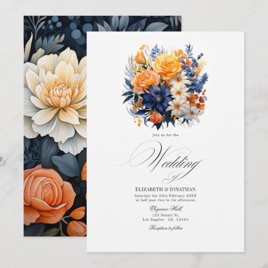 Elegante Navy en Oranje Waterverf Floral Design Kaart (Voorkant / Achterkant)