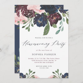 Elegante Navy en Plum Floral | Housewarming Party Kaart