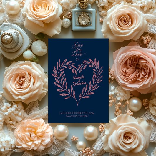 Elegante Navy en Roos Gold Heart Save the Date Kaart