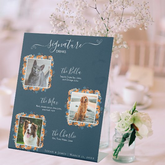 Elegante Navy en Rust 3 foto Pet Signature Drink Reclamebord Met Voetstuk