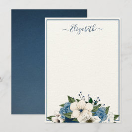 Elegante Navy en Stofblauw Bloemige Gepersonalisee Notitiekaartje