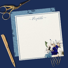 Elegante Navy en Stofblauw Bloemige Gepersonalisee Notitiekaartje