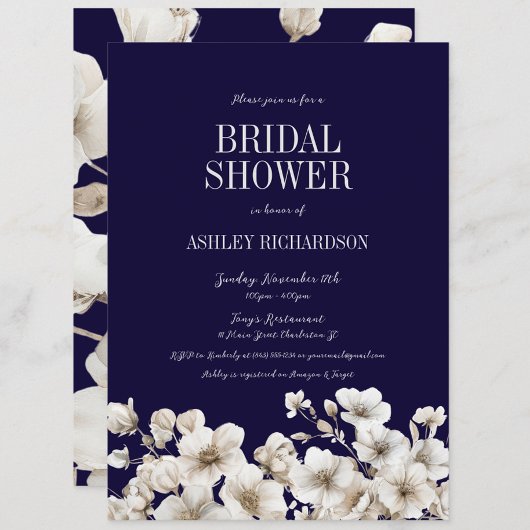 Elegante Navy en White Floral Vrijgezellenfeest Kaart