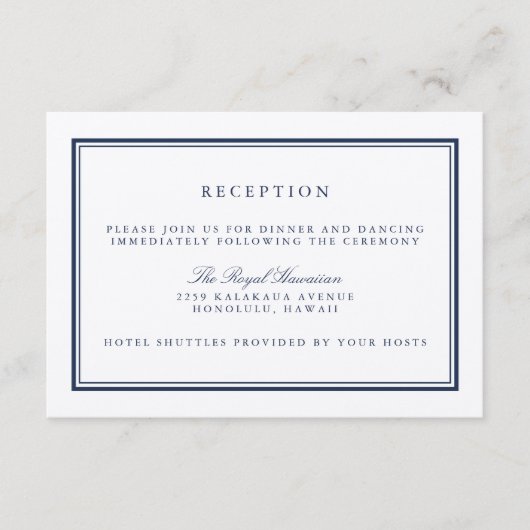 Elegante Navy- en witte huwelijksreceptie Informatiekaartje (Voorkant)
