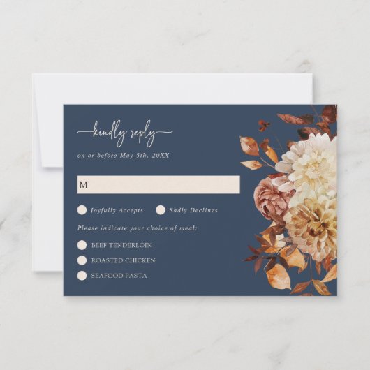 Elegante Navy Fall Leaves Floral RSVP Card (Voorkant)