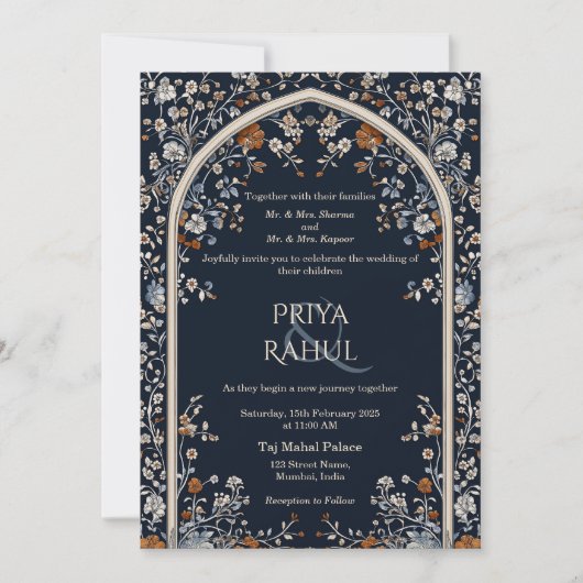 Elegante  Navy Floral Arch Indiase bruiloft Kaart (Voorkant)