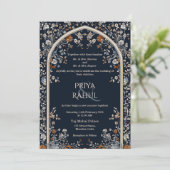 Elegante  Navy Floral Arch Indiase bruiloft Kaart (Staand voorkant)